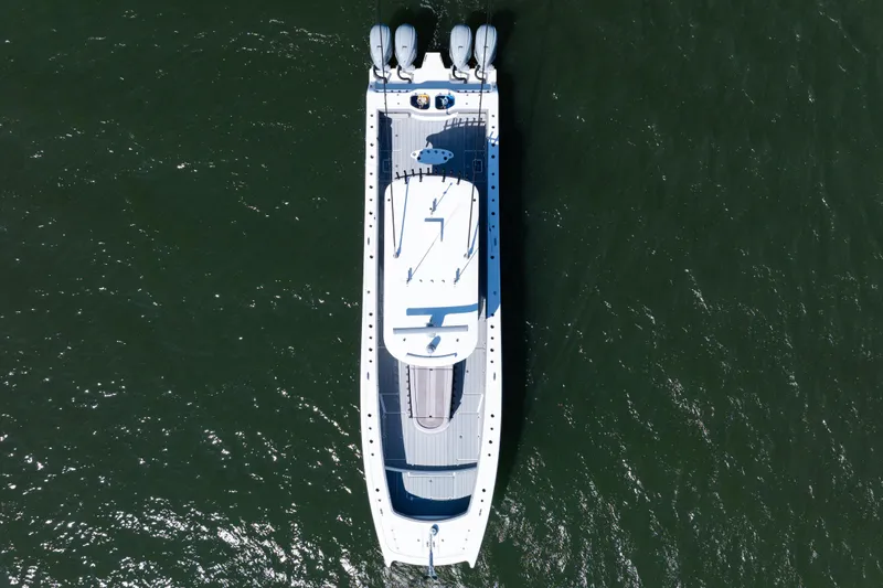  Yacht Photos Pics Aerial view of 2024 Freeman 47 boat on open water.