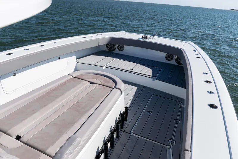  Yacht Photos Pics Luxurious 2024 Freeman 47 boat interior with spacious seating on open water.