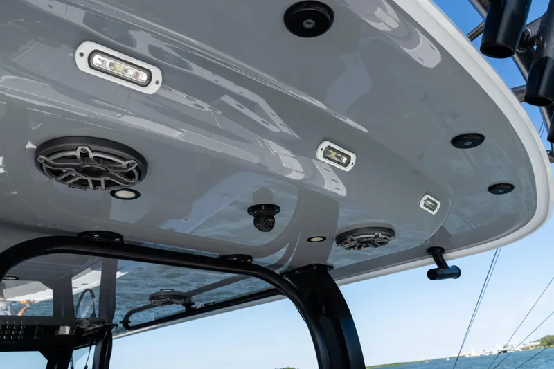  Yacht Photos Pics 2024 Freeman 47 boat ceiling with speakers and LED lights, ocean view.