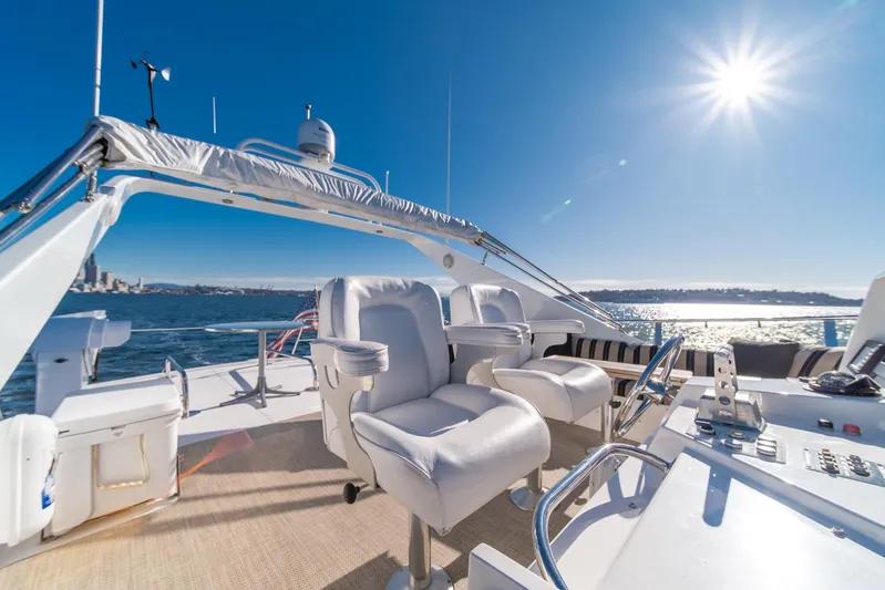 Esperanca Yacht Photos Pics Luxurious 1998 West Bay 58 Sonship Pilothouse MY yacht interior with ocean view and sunny sky.