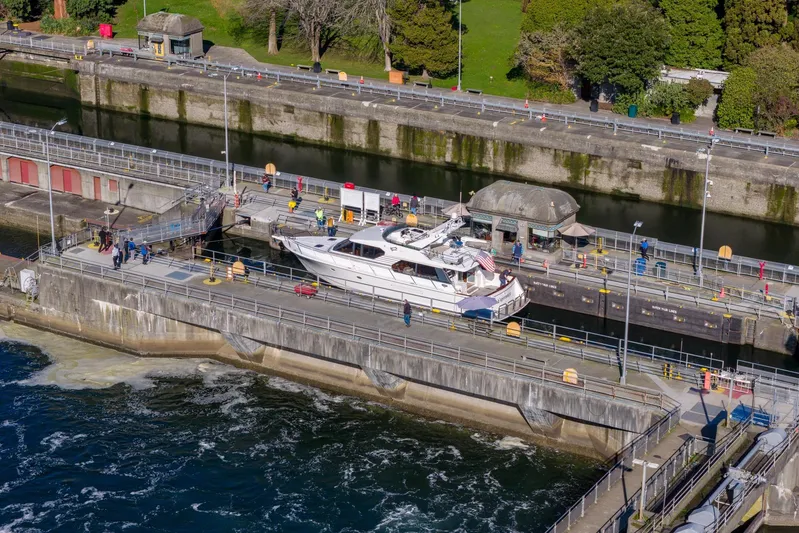 Esperanca Yacht Photos Pics Aerial view of 1998 West Bay 58 Sonship Pilothouse MY in a canal lock.