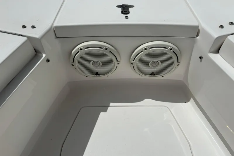  Yacht Photos Pics 2019 Intrepid 345 Nomad FE boat speakers in white interior.
