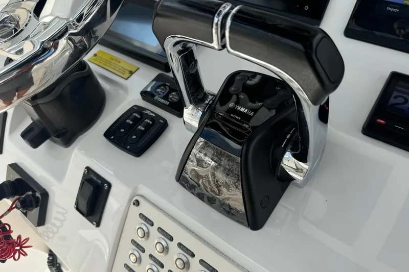  Yacht Photos Pics Control panel of a 2019 Intrepid 345 Nomad FE boat with Yamaha throttle.