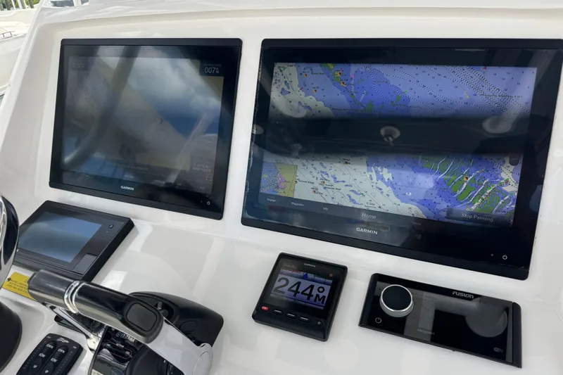  Yacht Photos Pics Dashboard of 2019 Intrepid 345 Nomad FE with Garmin navigation displays.