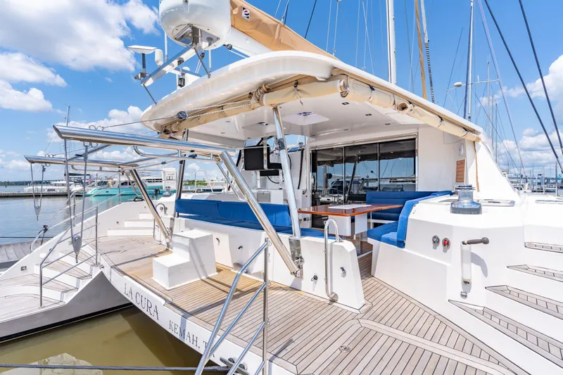 La Cura Yacht Photos Pics Luxury Privilege Series 5 yacht, 2015 model, docked with spacious deck and seating area.