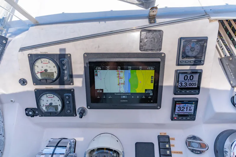 La Cura Yacht Photos Pics 2015 Privilege Series 5 yacht dashboard with navigation and control instruments.
