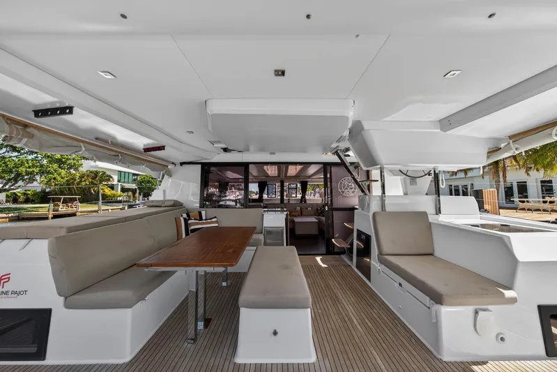 Lucky Dog Yacht Photos Pics Spacious interior of 2022 Fountaine Pajot Tanna 47 catamaran with seating and dining area.