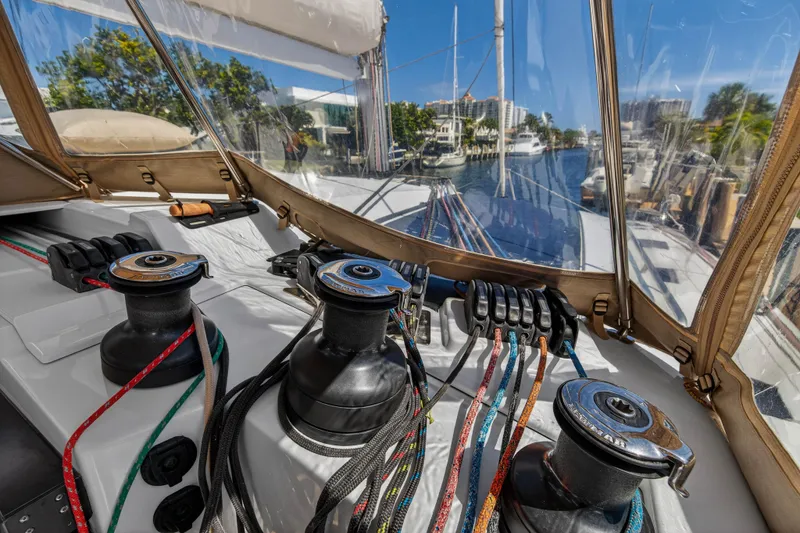 Lucky Dog Yacht Photos Pics Cockpit view of 2022 Fountaine Pajot Tanna 47 yacht with winches and ropes.