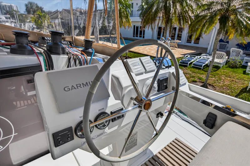 Lucky Dog Yacht Photos Pics 2022 Fountaine Pajot Tanna 47 yacht helm with Garmin navigation system.