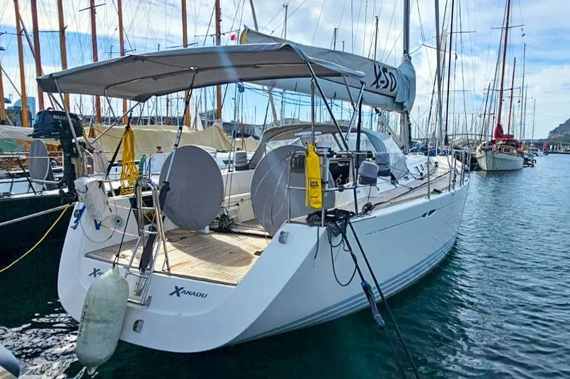  Yacht Photos Pics 2008 X-Yachts X50 sailboat docked in a marina, featuring sleek design and modern amenities.