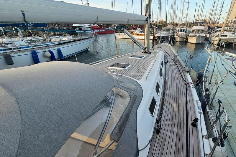  Yacht Photos Pics 2008 X-Yachts X50 sailboat docked in a marina, showcasing sleek deck design.