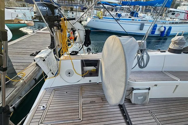  Yacht Photos Pics Cockpit of 2008 X-Yachts X50 sailboat docked at marina with equipment.