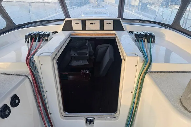  Yacht Photos Pics Cockpit of 2008 X-Yachts X50 sailboat with B&G instruments and colorful ropes.