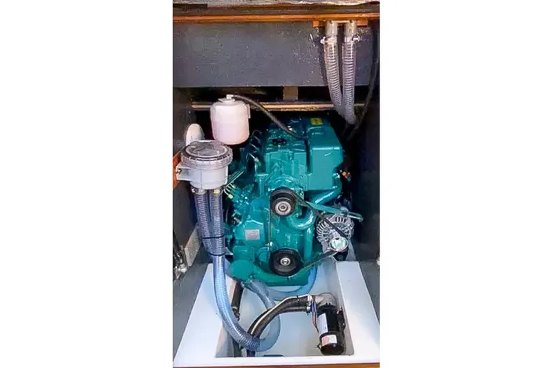  Yacht Photos Pics Engine compartment of a 2008 X-Yachts X50 sailboat, showcasing mechanical components.