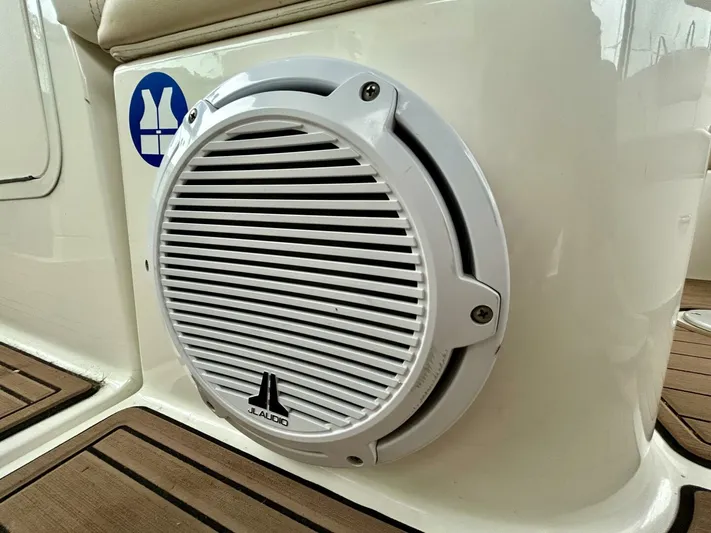  Yacht Photos Pics White JL Audio speaker on 2010 Sea Ray 330 Sundancer boat deck.