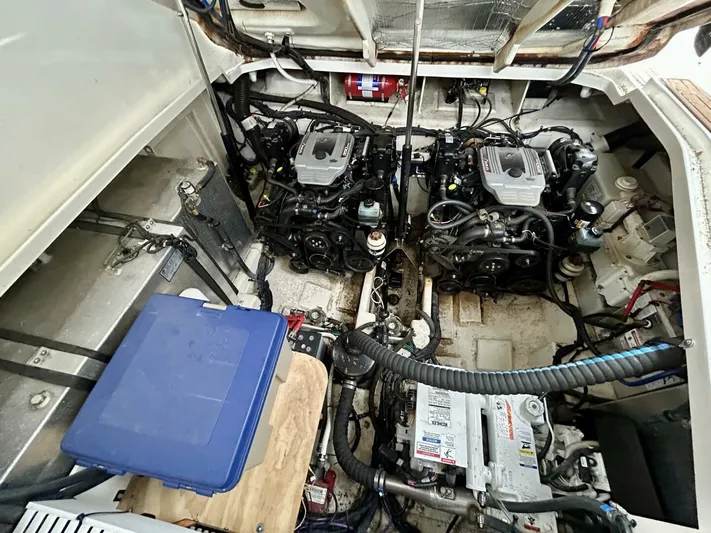  Yacht Photos Pics Engine compartment of a 2010 Sea Ray 330 Sundancer with dual engines and equipment.