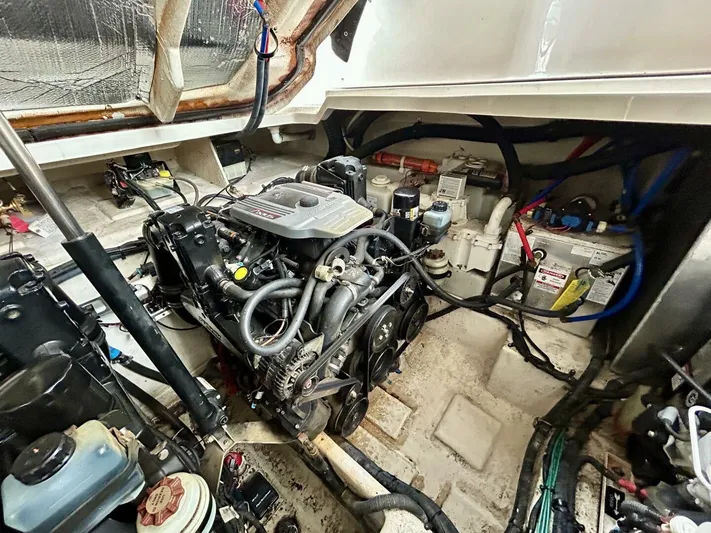  Yacht Photos Pics Engine compartment of 2010 Sea Ray 330 Sundancer, showcasing mechanical components and wiring.