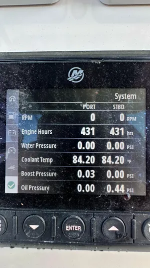  Yacht Photos Pics Display screen showing engine metrics for 2022 Boston Whaler 330 Outrage boat.
