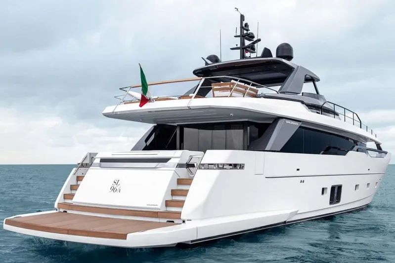  Yacht Photos Pics Luxury Sanlorenzo 96A yacht, 2025 model, cruising on open sea.