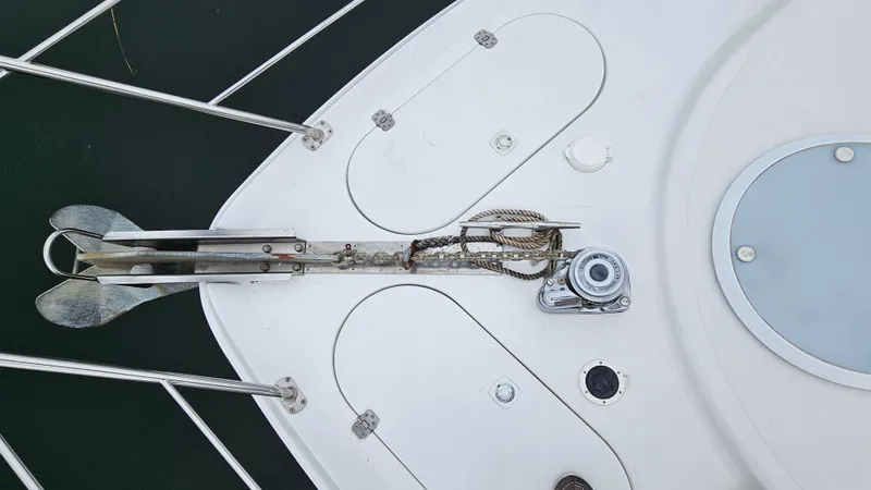  Yacht Photos Pics Anchor and deck of 2000 Carver 450 Voyager Pilothouse boat.