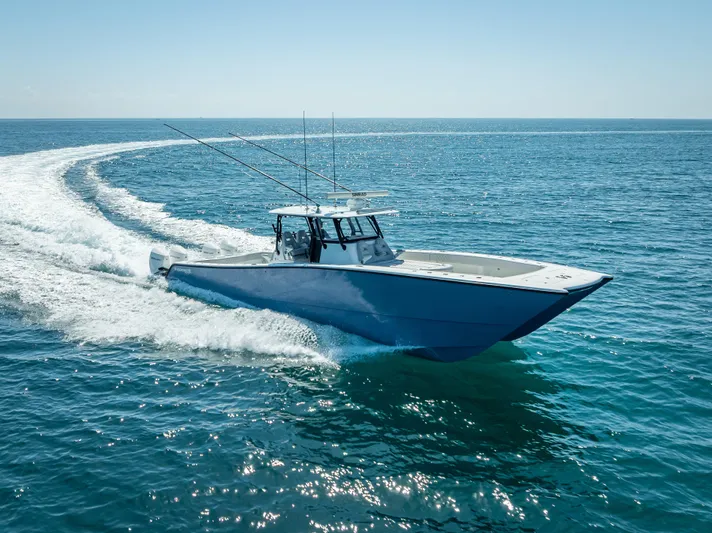  Yacht Photos Pics 2019 Freeman 42 boat cruising on open ocean waters.