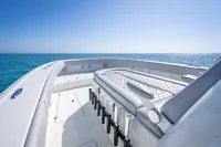Freeman 42 boat interior, 2019 model, with luxurious seating on open ocean.