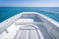 Freeman 42 boat, 2019 model, on open sea with clear blue water.