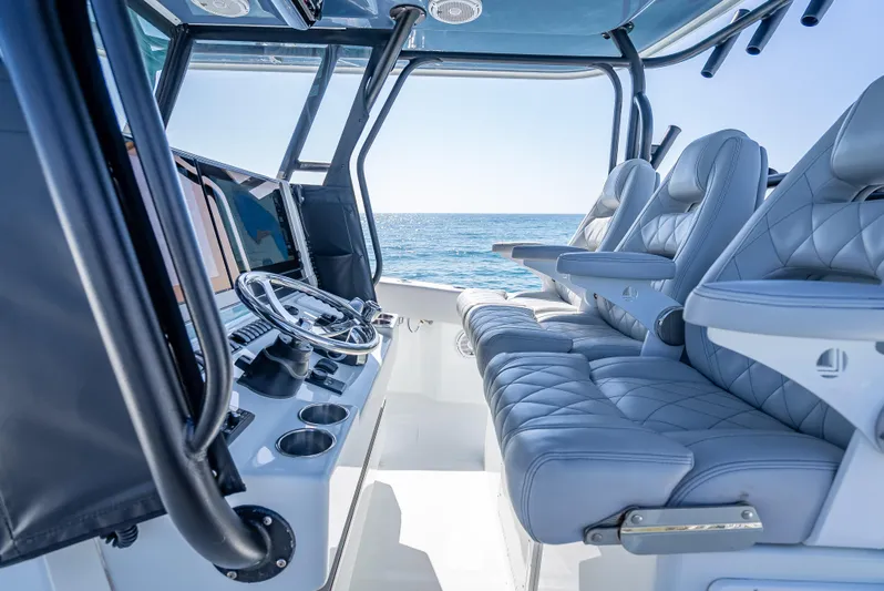  Yacht Photos Pics Interior of 2019 Freeman 42 boat with luxurious seating and ocean view.