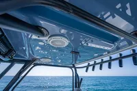 T-top view of 2019 Freeman 42 boat with ocean backdrop.