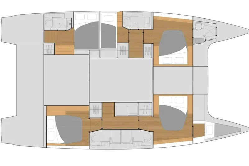First Life Yacht Photos Pics Floor plan of 2025 Fountaine Pajot Tanna 47 catamaran, featuring cabins and bathrooms.