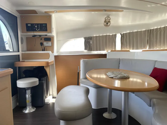 Seabatical Yacht Photos Pics Interior of 2016 Lagoon 380 catamaran with modern seating and navigation area.