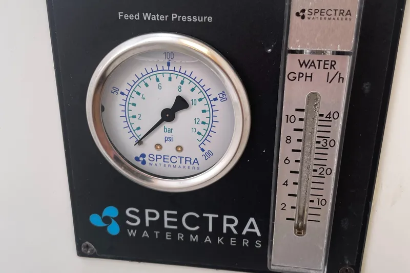 Seabatical Yacht Photos Pics Spectra Watermakers gauge showing feed water pressure and flow rate on Lagoon 380, 2016 model.