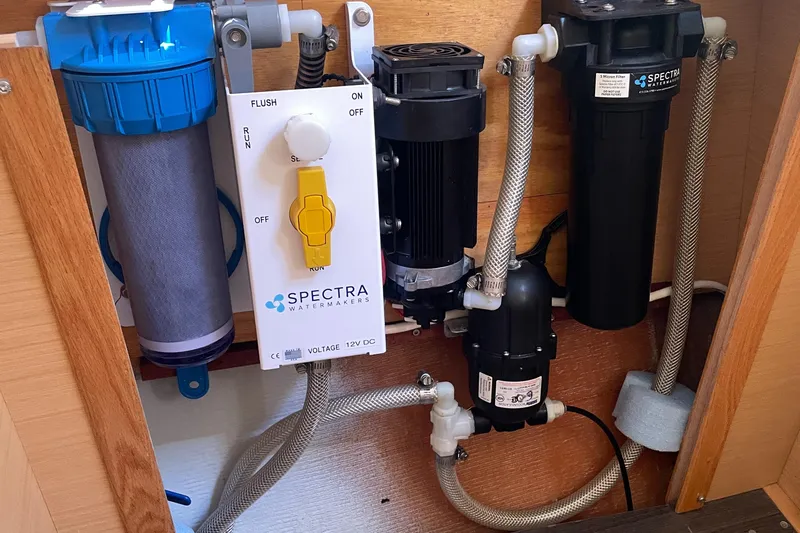 Seabatical Yacht Photos Pics Water filtration system in a 2016 Lagoon 380 catamaran, featuring Spectra components.