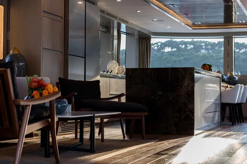  Yacht Photos Pics Luxurious interior of 2027 Sirena 78 yacht with elegant seating and modern design.
