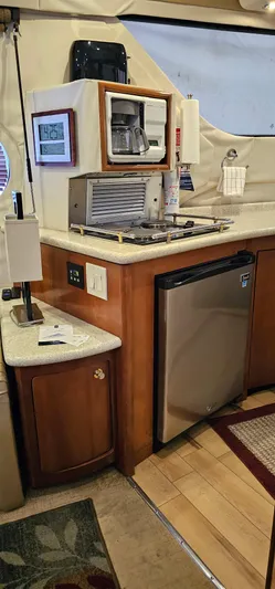 Journey Yacht Photos Pics 1999 Carver 450 Pilothouse yacht kitchen with mini fridge, microwave, and countertop appliances.