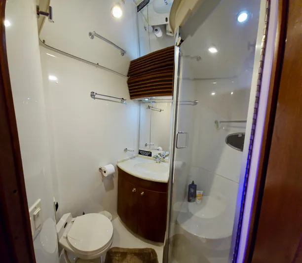 Journey Yacht Photos Pics 1999 Carver 450 Pilothouse bathroom with shower, toilet, and sink.