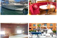 1991 Trader 47 yacht exterior and interior views, featuring deck, dining area, and bedroom.