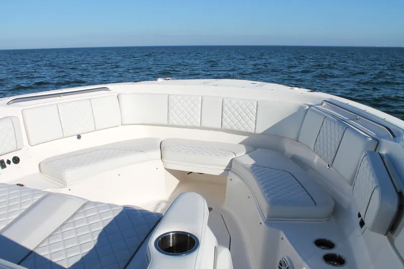  Yacht Photos Pics Luxurious seating on 2023 Pursuit S 378 Sport boat with ocean view.