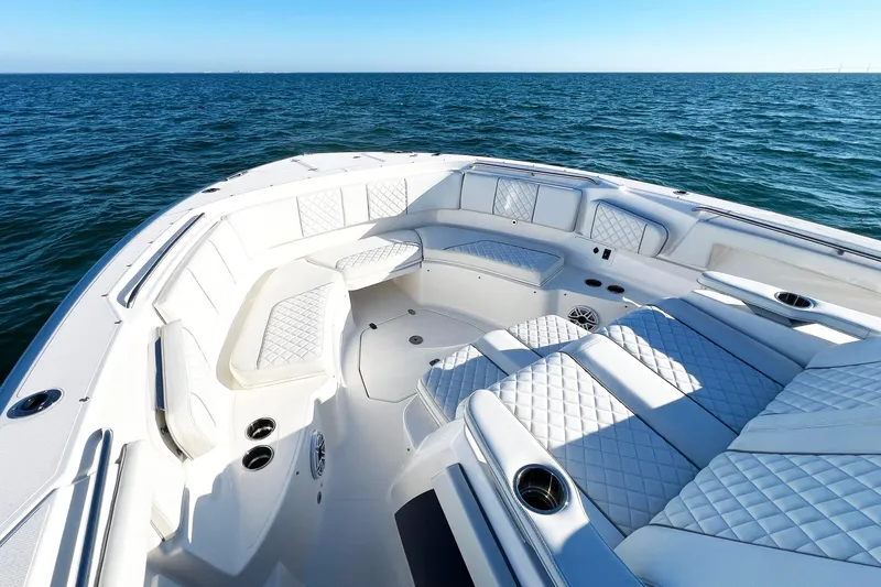  Yacht Photos Pics Luxurious seating on 2023 Pursuit S 378 Sport boat, with ocean view.