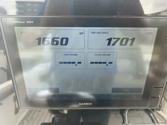  Yacht Photos Pics Garmin GPS display on 2018 Sea Fox 288 Commander showing fuel usage and trip distance.