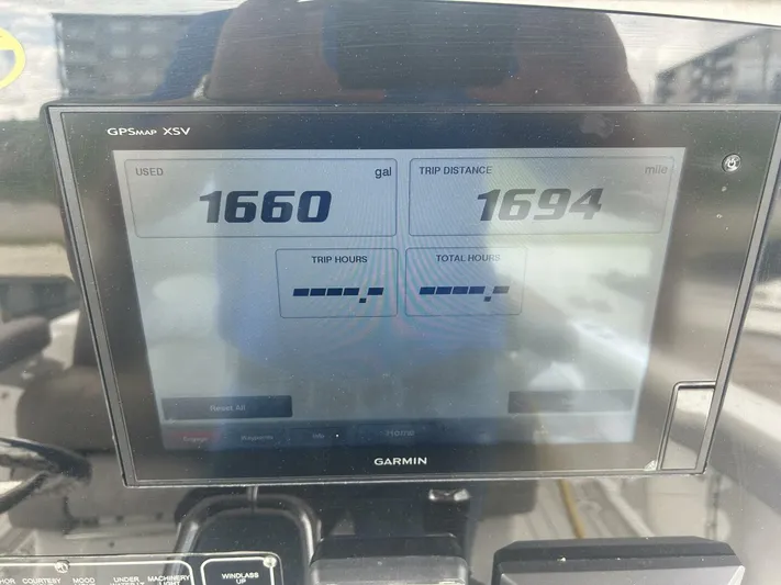  Yacht Photos Pics Garmin GPS display on 2018 Sea Fox 288 Commander showing fuel usage and trip distance.