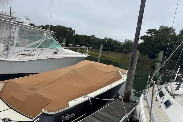 Snippy Yacht Photos Pics 2019 Chris-Craft Launch 30 boat with cover, docked between other boats.