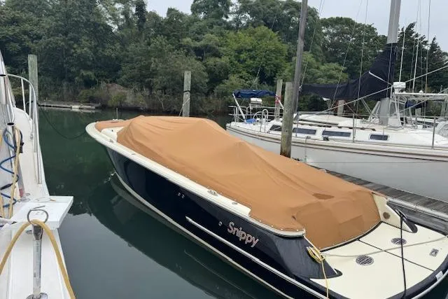 Snippy Yacht Photos Pics 2019 Chris-Craft Launch 30 boat covered at dock, surrounded by other boats.