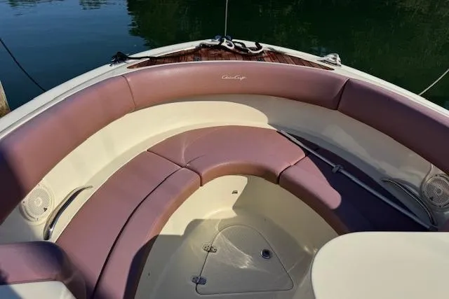 Snippy Yacht Photos Pics 2019 Chris-Craft Launch 30 boat interior with elegant seating and wood accents.