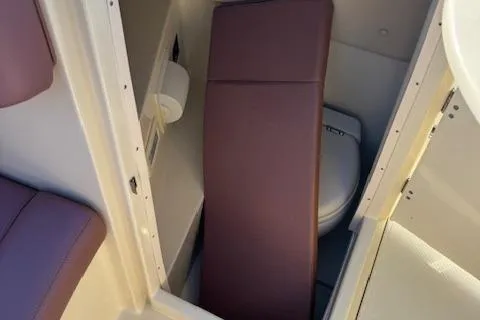 Snippy Yacht Photos Pics 2019 Chris-Craft Launch 30 boat interior with compact toilet and seating.