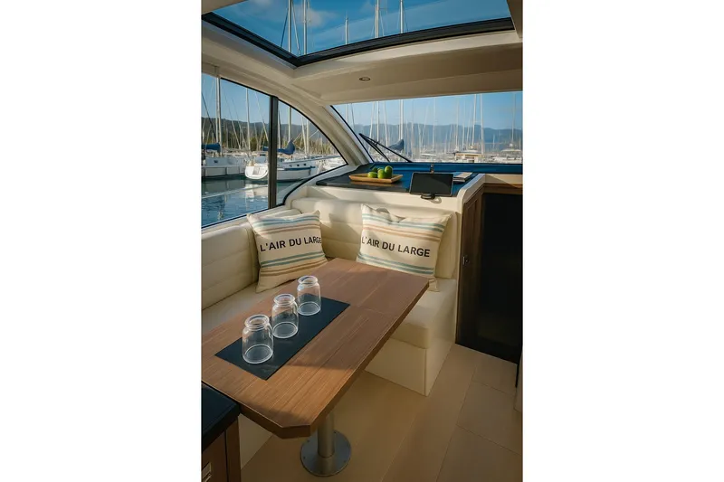 Yacht Photos Pics Luxurious interior of 2016 Sealine C330 yacht with elegant seating and scenic marina view.