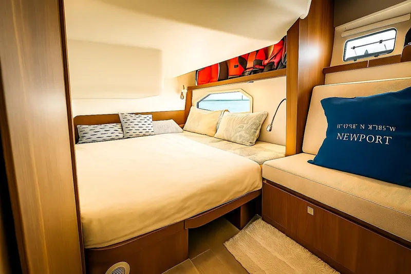  Yacht Photos Pics Luxurious cabin interior of 2016 Sealine C330 yacht with cozy bedding and elegant decor.