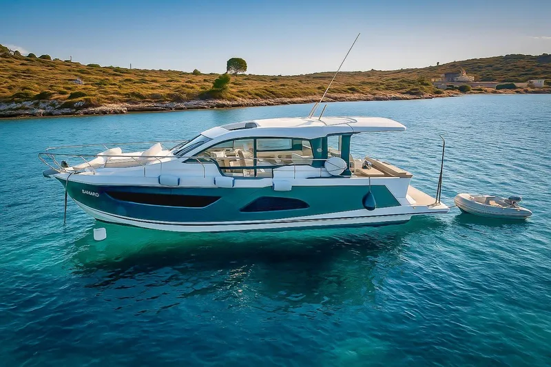  Yacht Photos Pics Sealine C330 yacht from 2016 on clear blue water, scenic coastal backdrop.