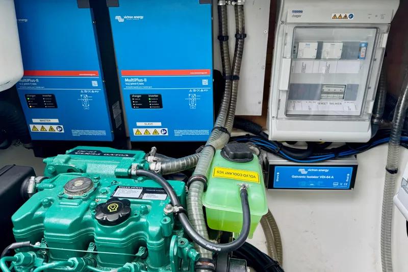 Khonsu Yacht Photos Pics Engine room of 2023 Fountaine Pajot Isla with Victron Energy equipment and Volvo Penta engine.