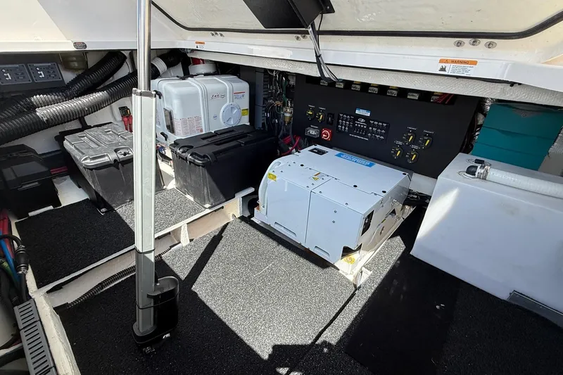 36 Xo Yacht Photos Pics Engine room of 2026 Regal 36 XO boat with electrical components and equipment.